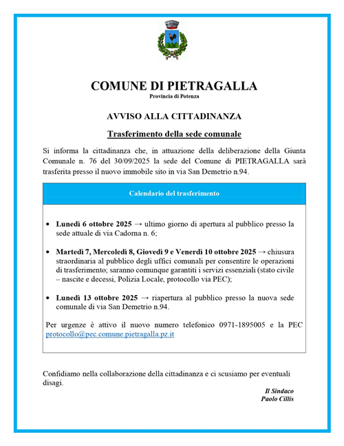 Trasferimento della sede comunale